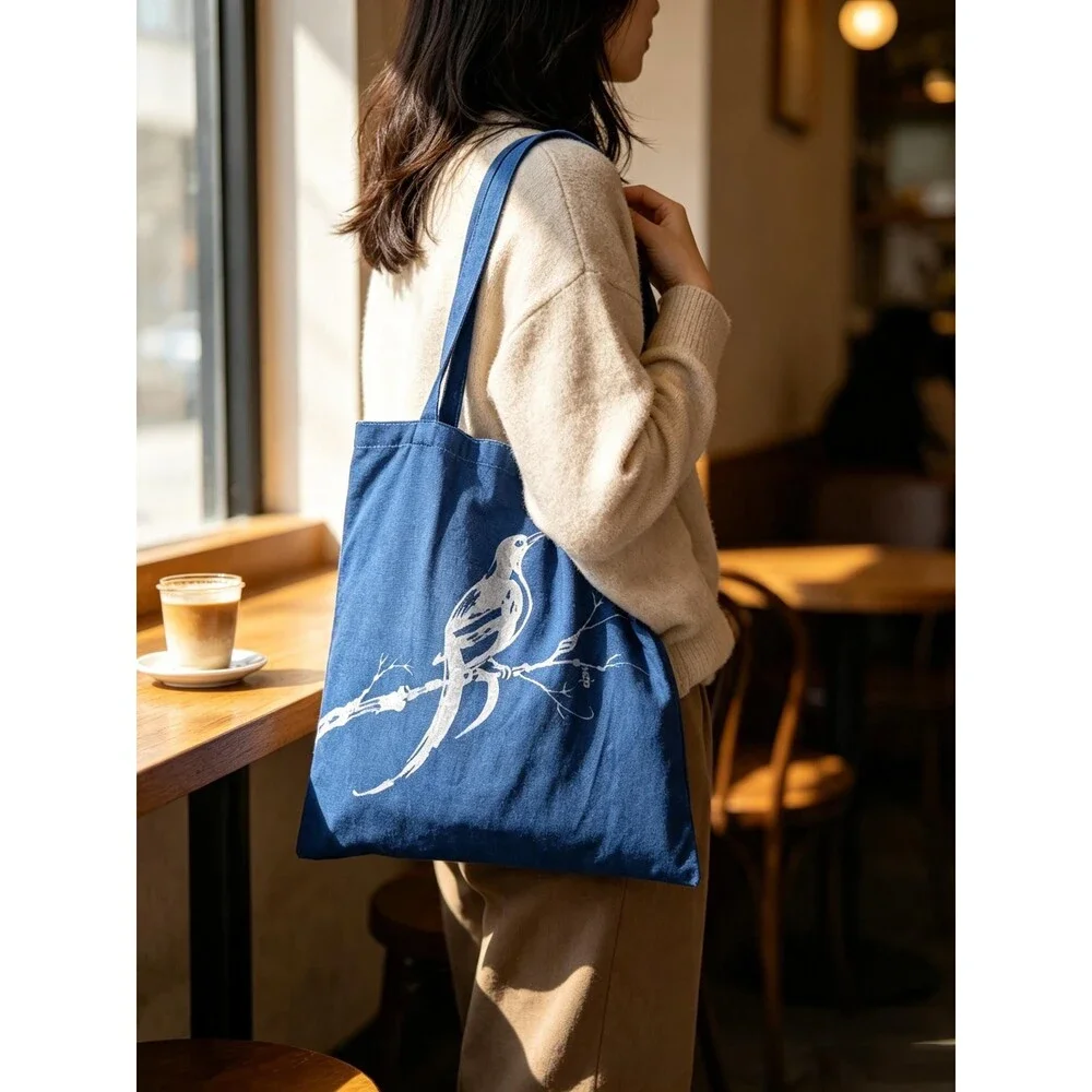 Nüshu Happiness Batik Tote | Indigo Magpie Plum Blossom Chinese Art Bag